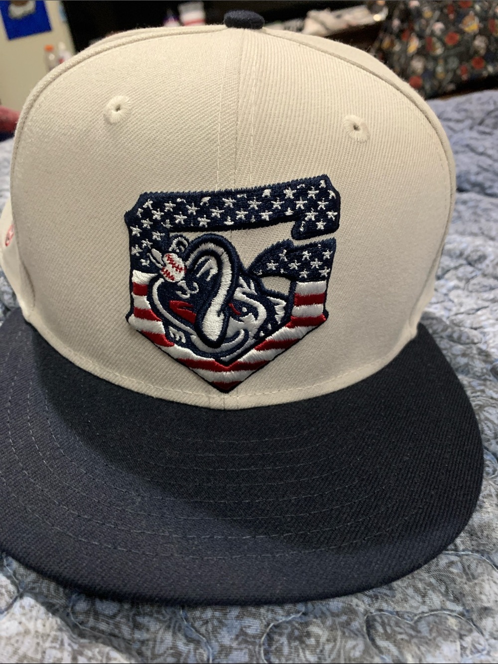 New Era Gwinnett Stripers White and Navy Snapback with American Flag Team Emblem